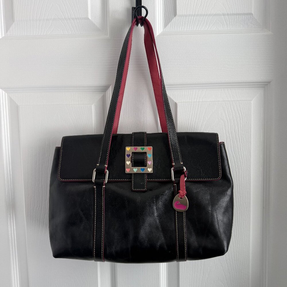 Dooney and Bourke Vintage Black Leather Handbag Hearts Buckle Pink Black Y2K
